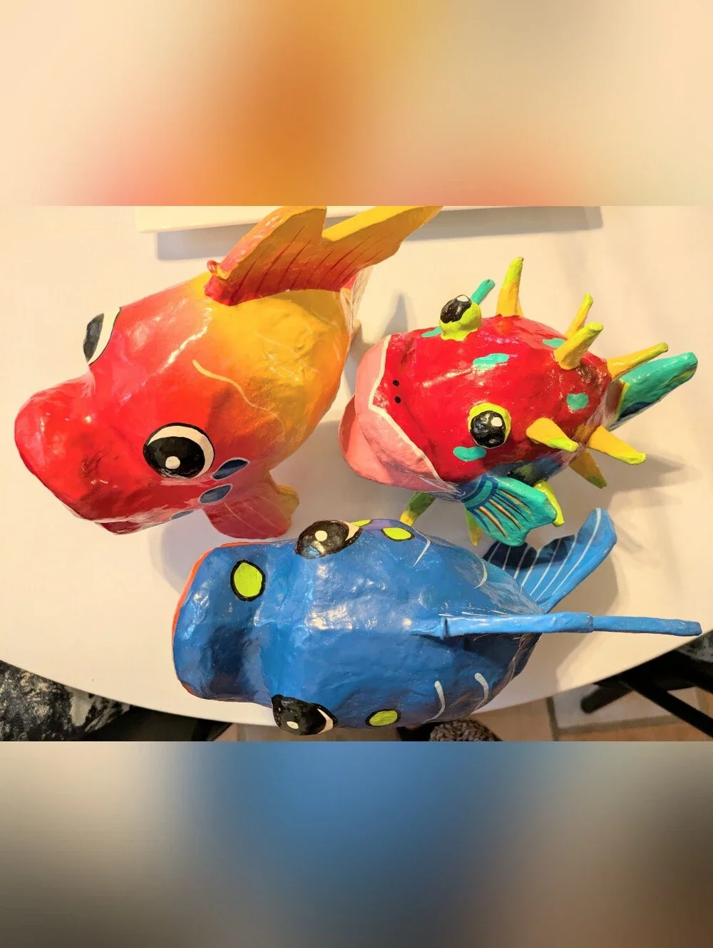 Paper Mache 3 Large Colorful Fish. Beautiful Decorative Set. EUC
